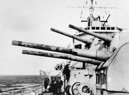 The forward gun turrets of HMAS Sydney showing blistering paint on the barrels from the heat of firing.